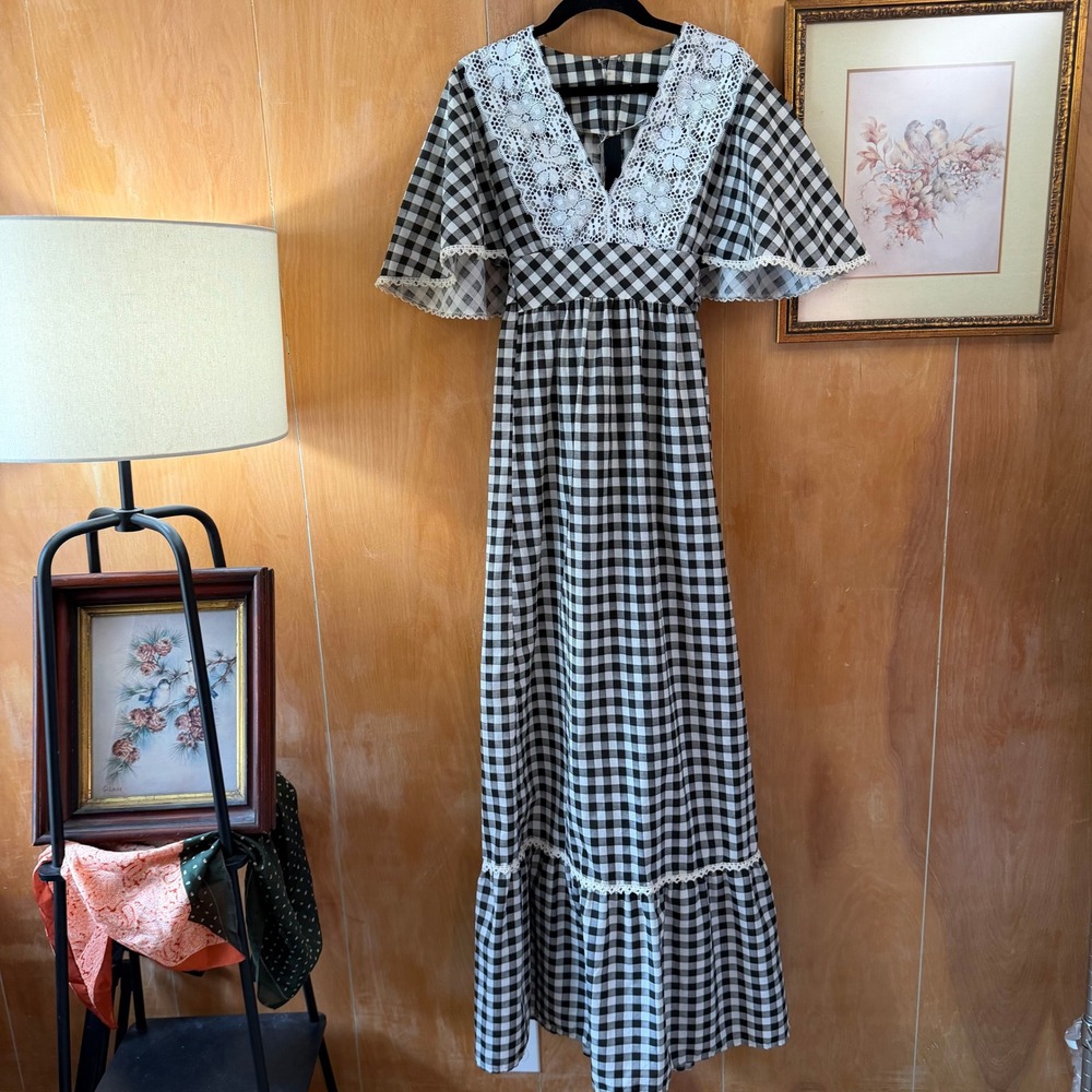 Vintage 70s Sears Fashions Gingham Maxi Dress Lace Flutter Sleeve Sz 12 M/L